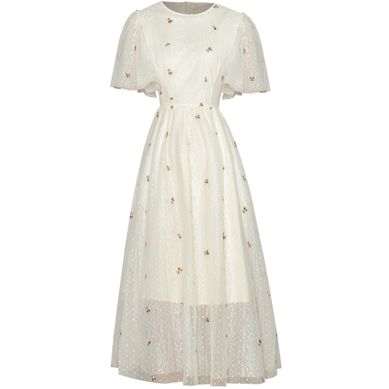 

Fashion Designer New Summer High Quality Women'S Elegant Chic Lotus Leaf Sleeve Flower Embroidery Party Casual Midi Lace Dress