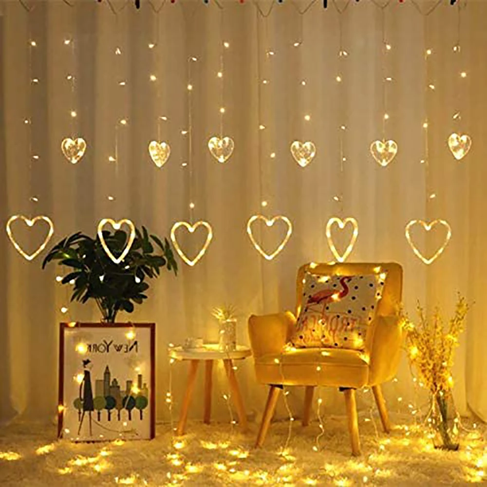 

LED Fairy String Lights Heart Shaped Curtain Hanging Light Christmas Garland Outdoor for Party Home Wedding New Year Decor