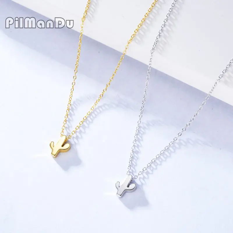 

PilManDu Hot 925 Sterling Silver Mini Cactus Necklace Pendant for Women Accessories Gold Chain Engagement Jewelry Dropshipping