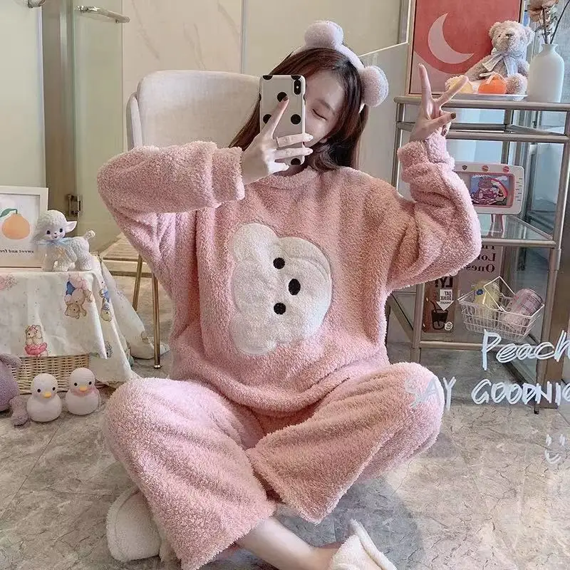 

Женский фланелевый пижамный комплект Kawaii Пижама для девочек-подростков мультяшный медведь одежда для сна зимняя теплая Ночнушка с растени...