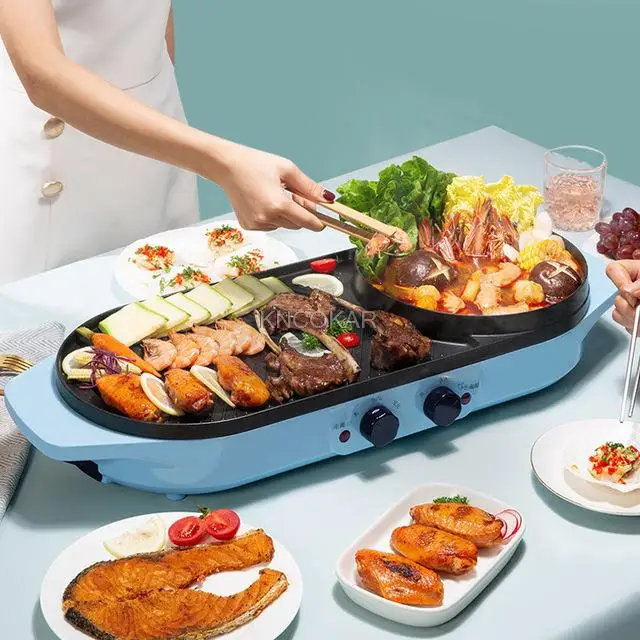 저렴한 큰 2 In 1 220V 전기 냄비 오븐 무연 바베큐 기계 홈 바베큐 그릴 실내 구운 고기 접시 접시 멀티 쿠커
