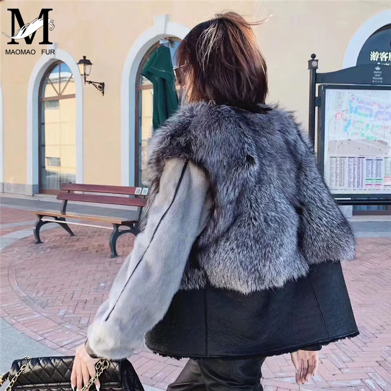 100% Real Fur Coat Women's High Quality Natural Fox Leather Jacket Luxury Whole Skin Mink Sleeve Silver | Женская одежда