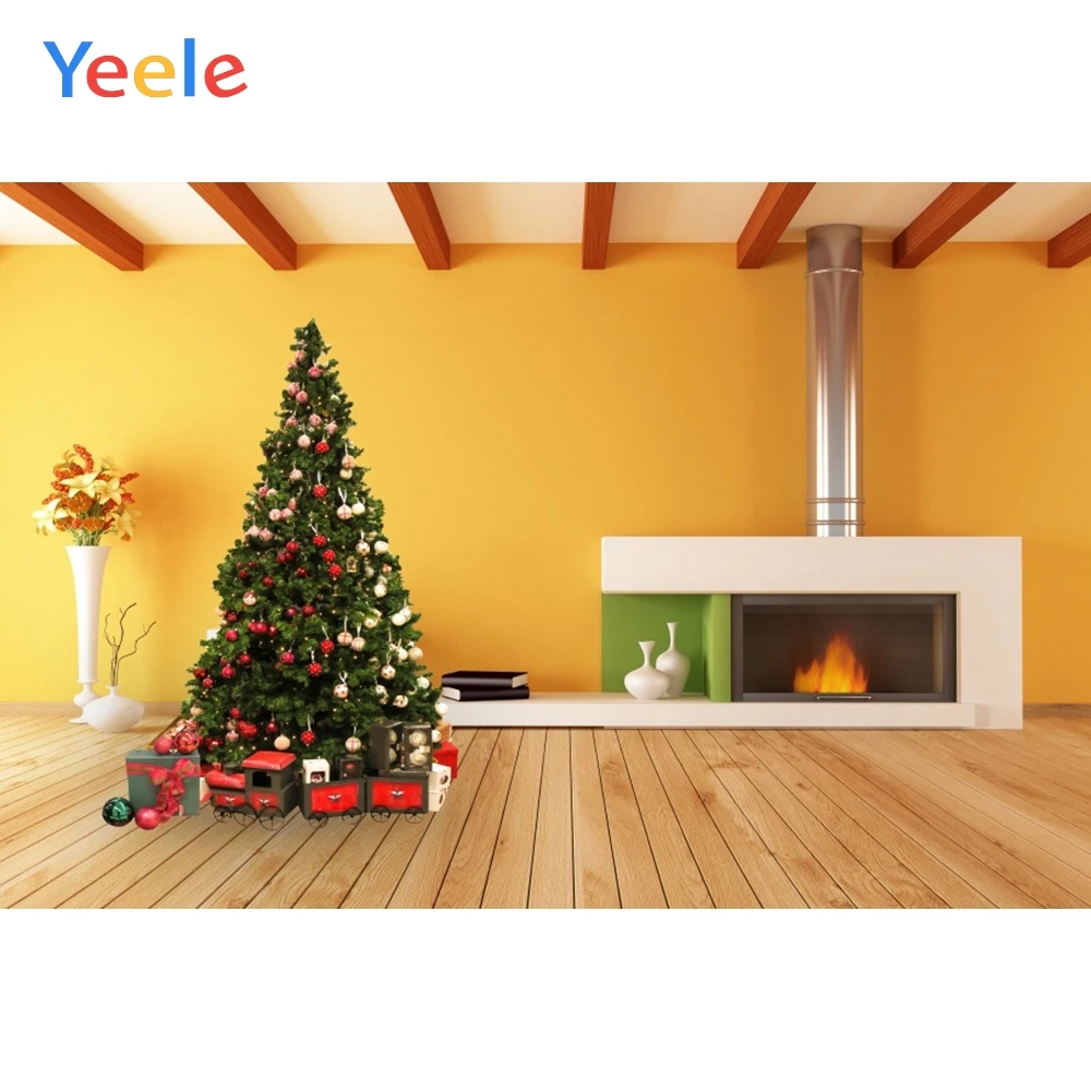 

Christmas Tree Gift Fireplace Wooden Floor Home Decoration Backdrop Photography Custom Photographic Background For Photo Studio