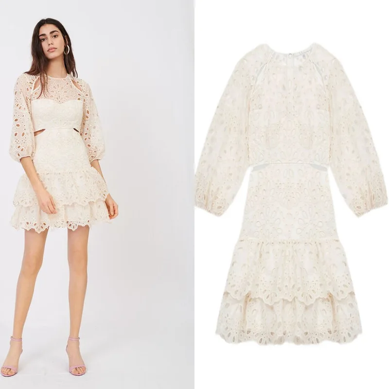 

ENGAGEMENT 2021 Spring and Summer New Crocheted Lace Sleeve Dress Female Hollow Waist Ruffled Cake Skirt