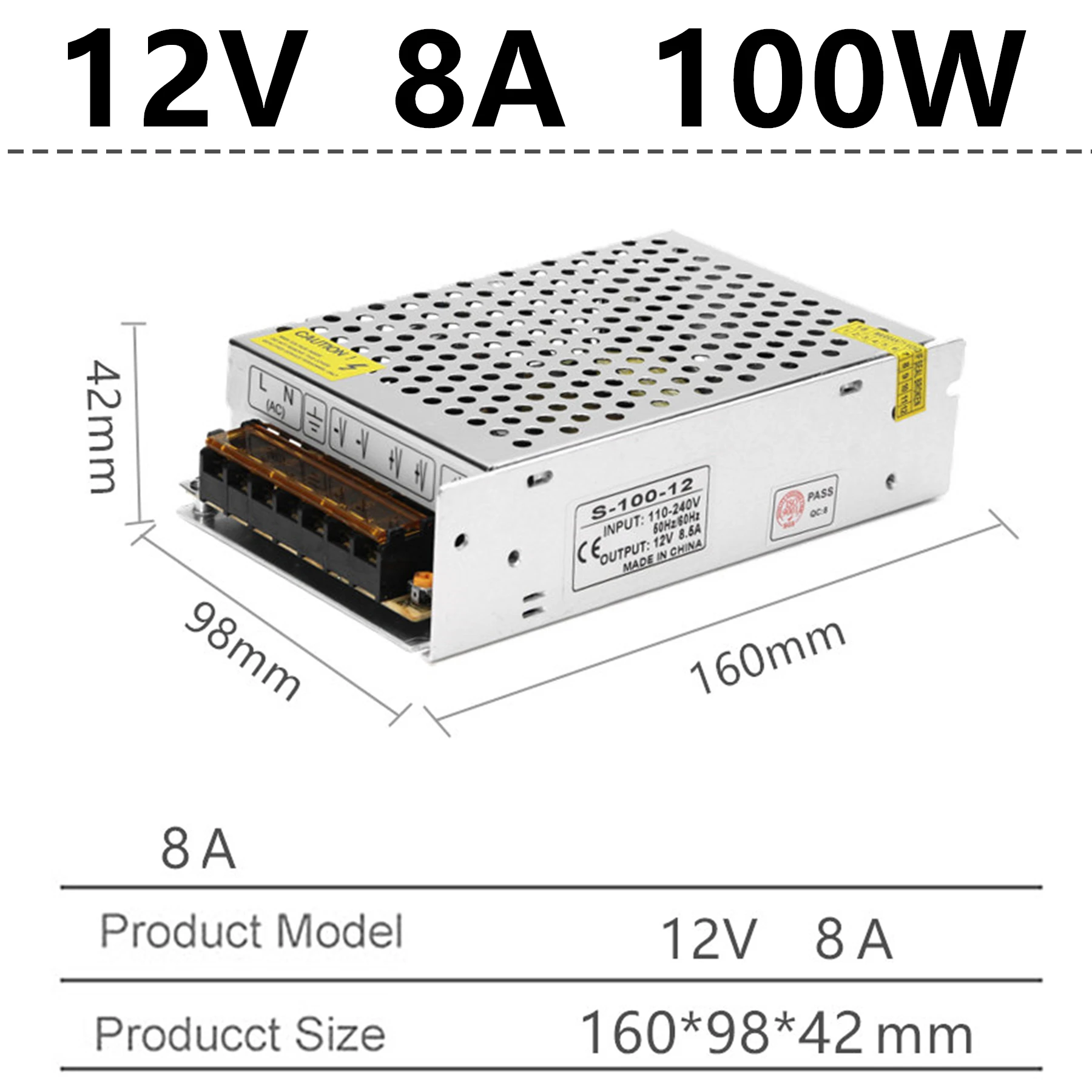 8A 100W Источник питания светодиодный драйвер переменного тока 220 В в постоянный ток 12 В 1A 3A 5A 8A 10A 15A 20A 12 вольт зарядное устройство понижающий адаптер трансформатор освещения - Цвет: 8A 100W