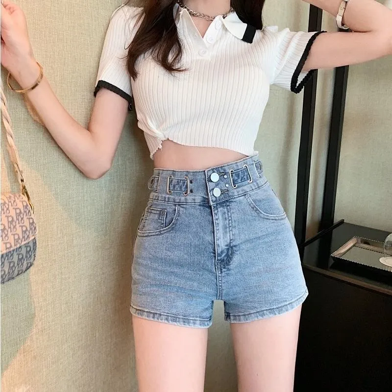 Korean High Waist Light Blue Women's Jeans Shorts Show Thin Wide Leg Pants 2021 New Spring And Summer Casual Loose A-line