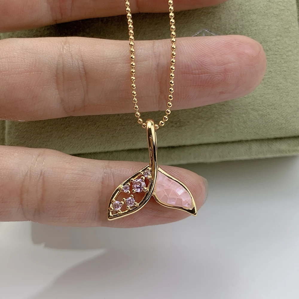 

New Pink Shell Zircon Fish Tail Pendant Necklace For Women 2021 Fashion Gift Jewelry
