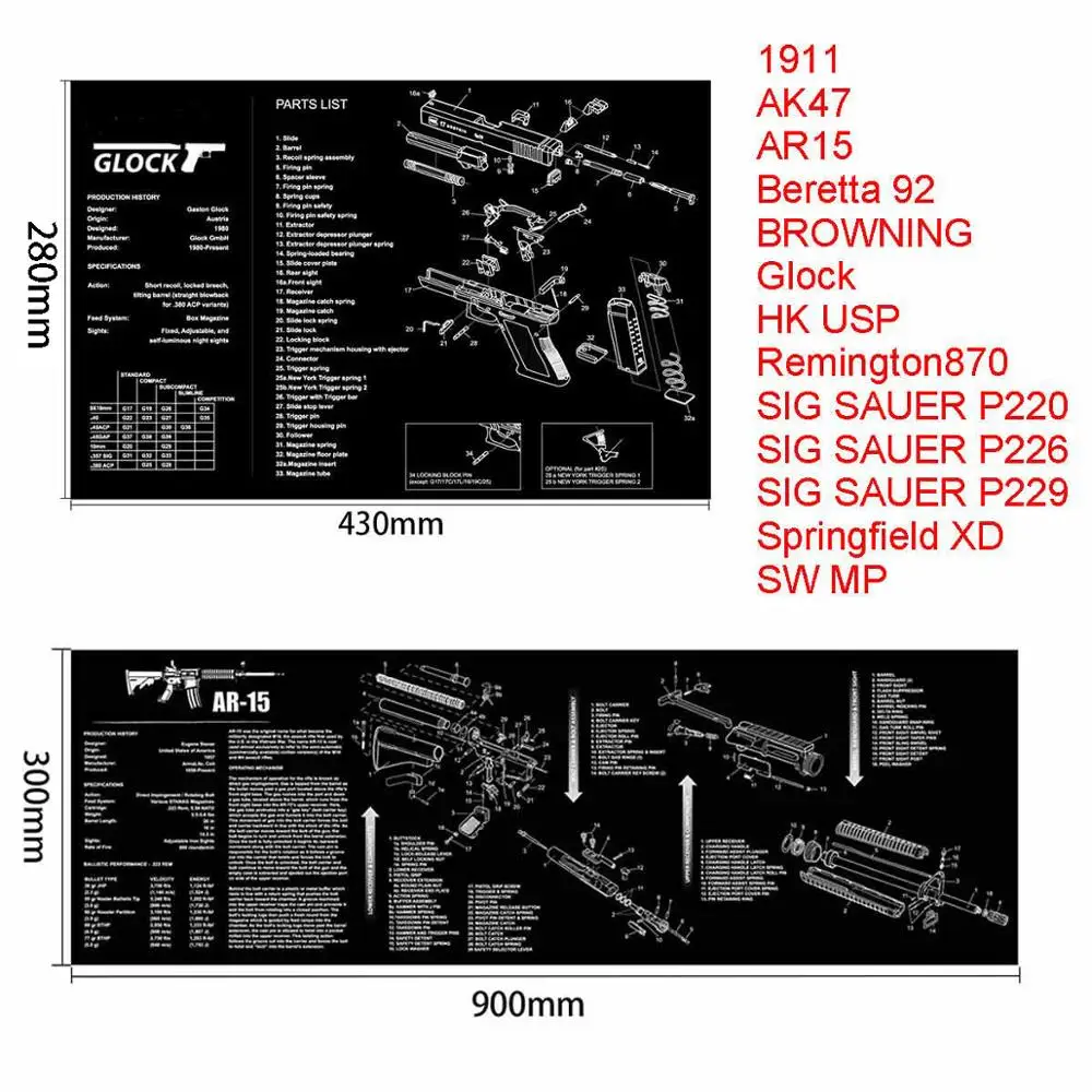 Коврик для мыши AR15 AK47 Glock резиновый коврик чистки пистолета Smith Colt 1911 Beretta 92 Sig Sauer