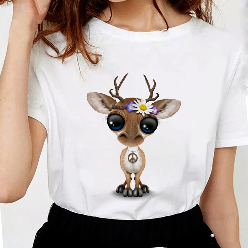 Летняя Милая футболка для девочек с принтом большие глаза Олень хиппи Футболка