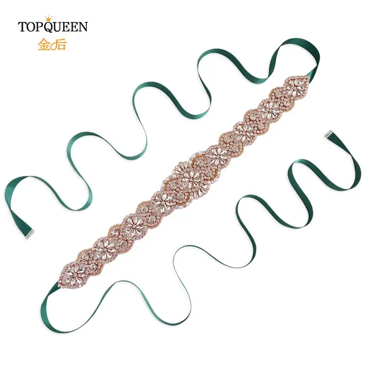 green TOPQUEEN S161B-RG, розовое золото, свадебный пояс, стразы, стразы, пояс для свадебного платья - Цвет: green