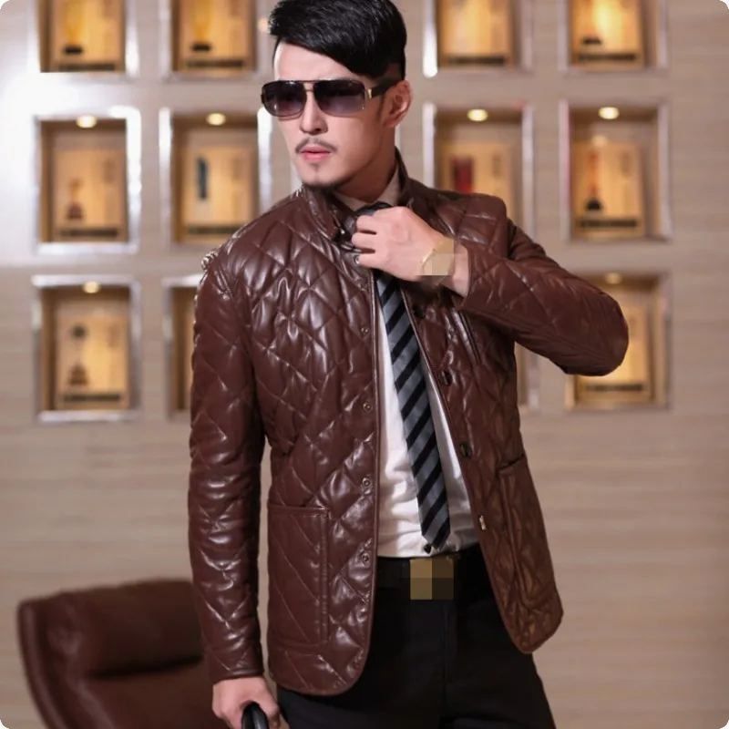 

Winter New Mens Sheep Skin Genuine Leather Warm Duck Down Coats Jaqueta Motoqueiro Couro Blouson Moto Stand Collar Jacket