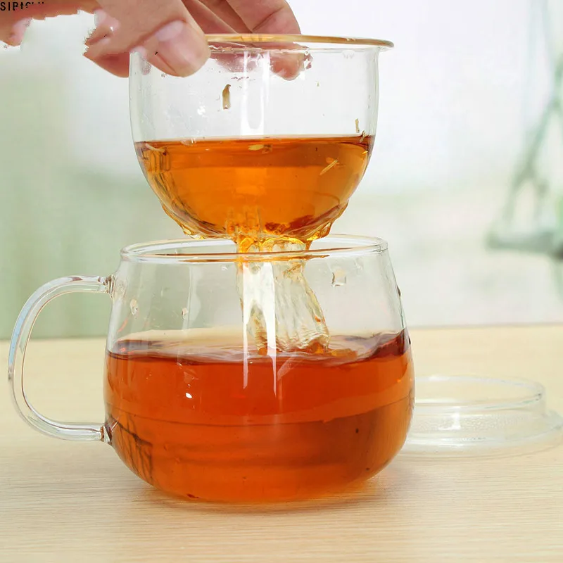 

High Quality Durable 3 in 1 Set 300ml Clear Heat Resistant Tea Coffee Cup with Tea Infuser Filter Lid Use for Home Office