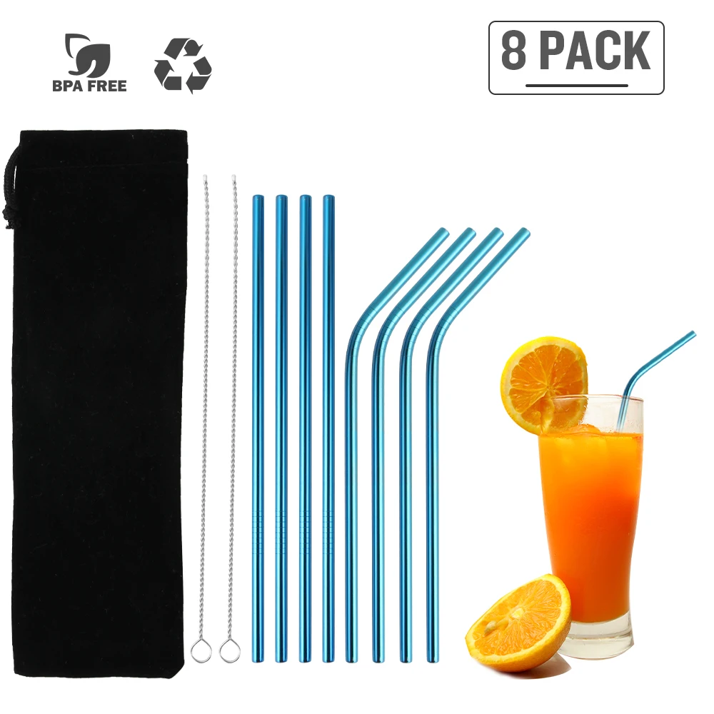 8Pcs-Blue Эко-дружественных соломинкой многоразовые Нержавеющая сталь металлическая соломинка Управление по санитарному надзору за качеством пищевых продуктов и медикаментов-одобренный Bpa с щеточка для чистки Портативный мешок 3/8/14 шт - Цвет: 8Pcs-Blue