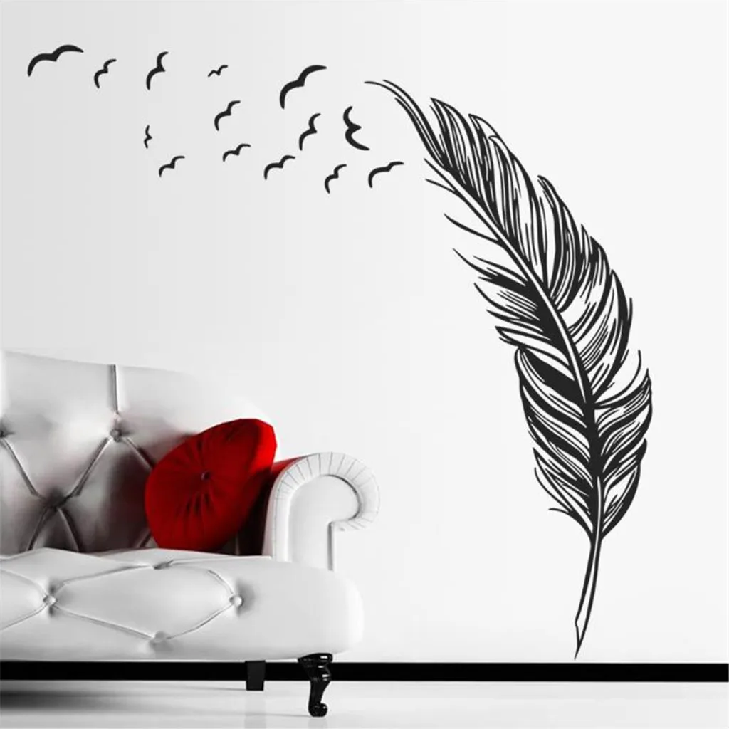 

Ramadan Decoration Black Feather Patterns Wall Sticker Decoracion Salon Casa Waterproof Detachable Vinyl Birds Flying Feather