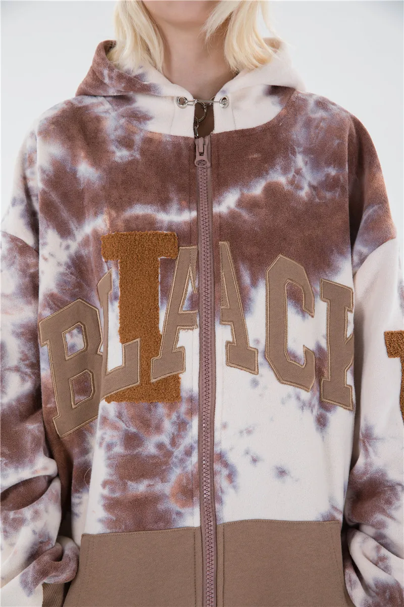 

Fashion Tie-dyed Warm Coats and Jackets Men Harajuku Letter Zipper Winter Hairy Bomber Coat Hip Hop Loose Casual Hooded Jacket