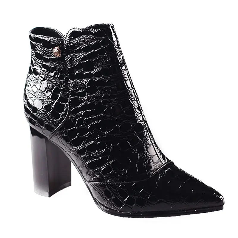 

2019 Europe and America Womne's High Heeled Ankle Boots Autumn Shoes Female Snake Pattern Patent Leather Short Boot Black Brown
