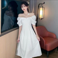 gentle wind white dress womens middle length 2021 waist slim retro style french skirt