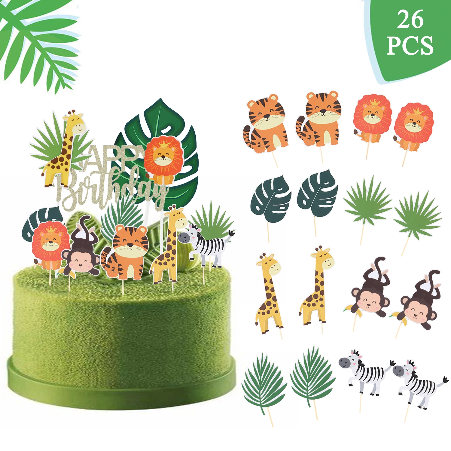 

Jungle Animal Theme Decoration Happy Birthday Cake Topper Cartoon Tiger Monkey Giraffe Cupcake Topper For Kid Birthday Supplies