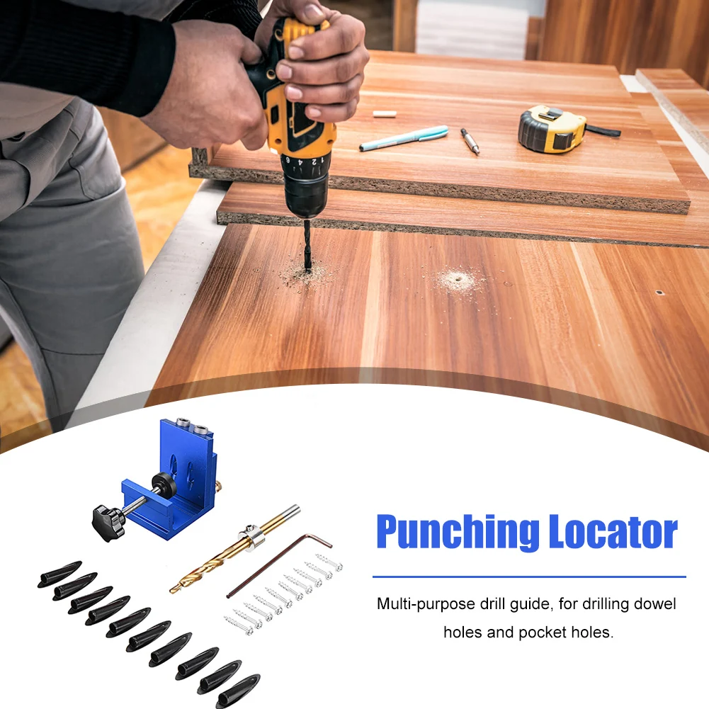 

DIY Oblique Hinge Hole Locator Puncher Pocket Hole Drilling Guide Dowel Jig Kit Locator Wood Dowelling Self Centering Drill