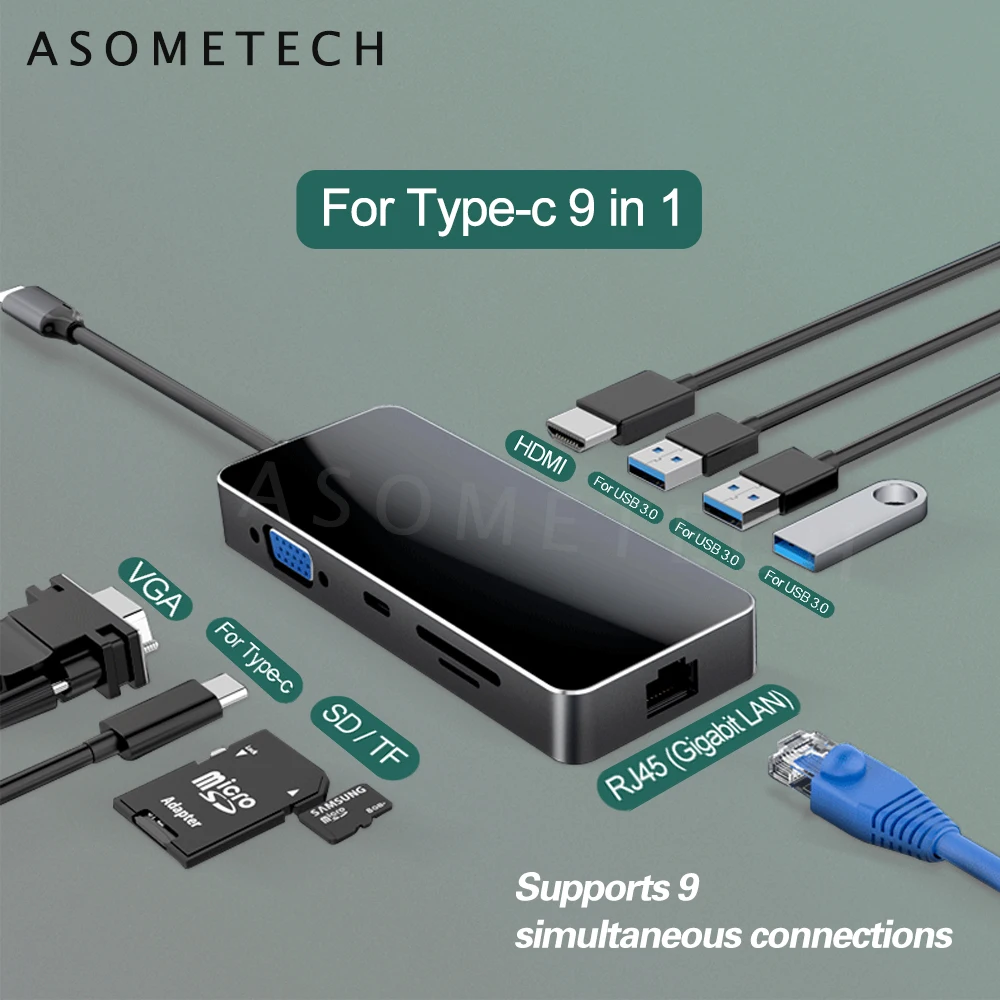 

USB 3.0 Type-C Hub для адаптера Hub с TF SD Reader RJ45 VGA Multi USB порты для ноутбука ПК компьютера аксессуары для планшетов