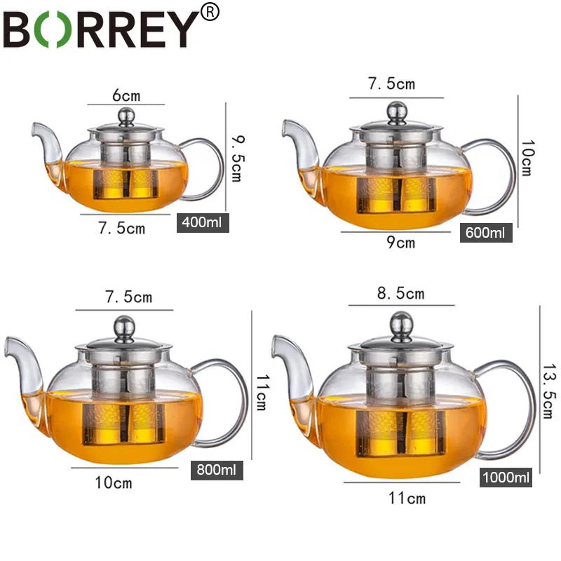 BORREY Borosilicate Glass Teapot Teaup Flower With Removable Infuser Filter Heat Resistant Stove Warmer Base | Дом и сад