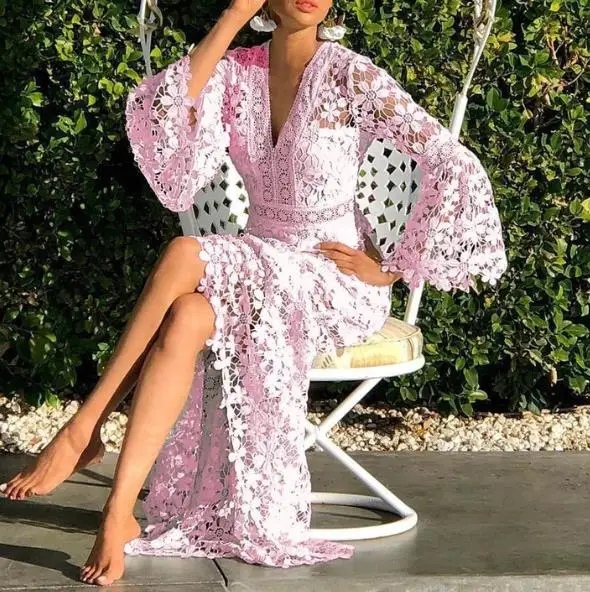 

Summer Fashion Women Dress V-neck Lace Joint Holiday Dress with Tassels Plus Size Long Bohemian Dress FZ138