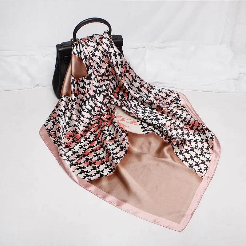 

2020 90x90 Houndstooth Multipurpose women Silk twill scarf Satin square tie Hairband ladies foulard femme towel bufanda shawl