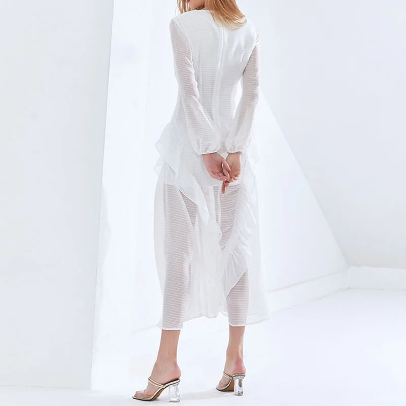 

SeeBeautiful Sexy Perspective Ruffles Stitching Loose Dress V-neck Long Sleeve Simple New Fashion 2021 Spring Women E004