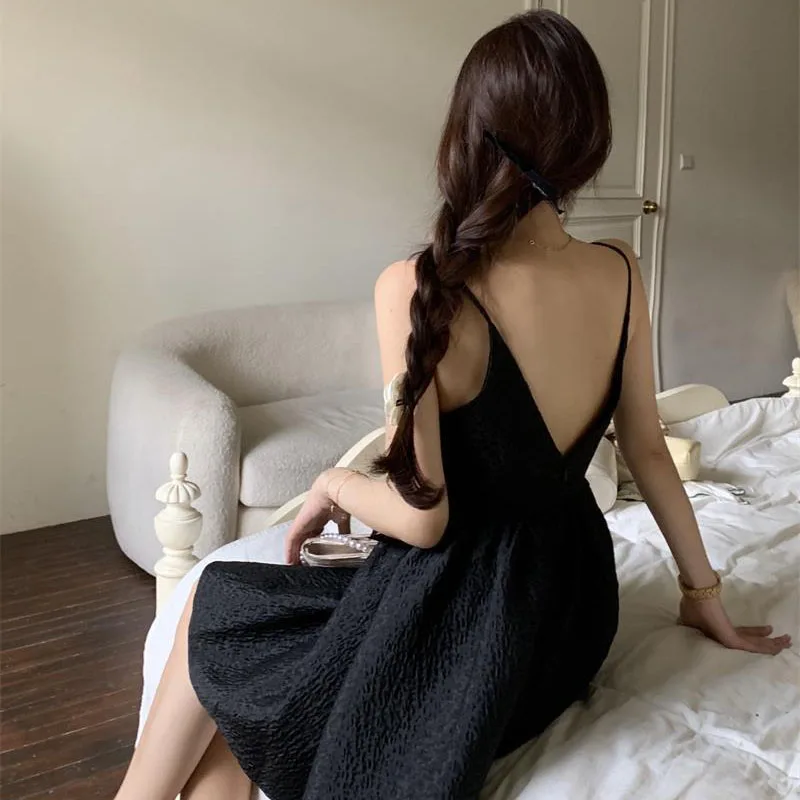 

One-piece Sexy Dress Korean French Elegant Mini Dress Women Design Bow Backless Vintage Strap Dress Females Casual 2021 Summer