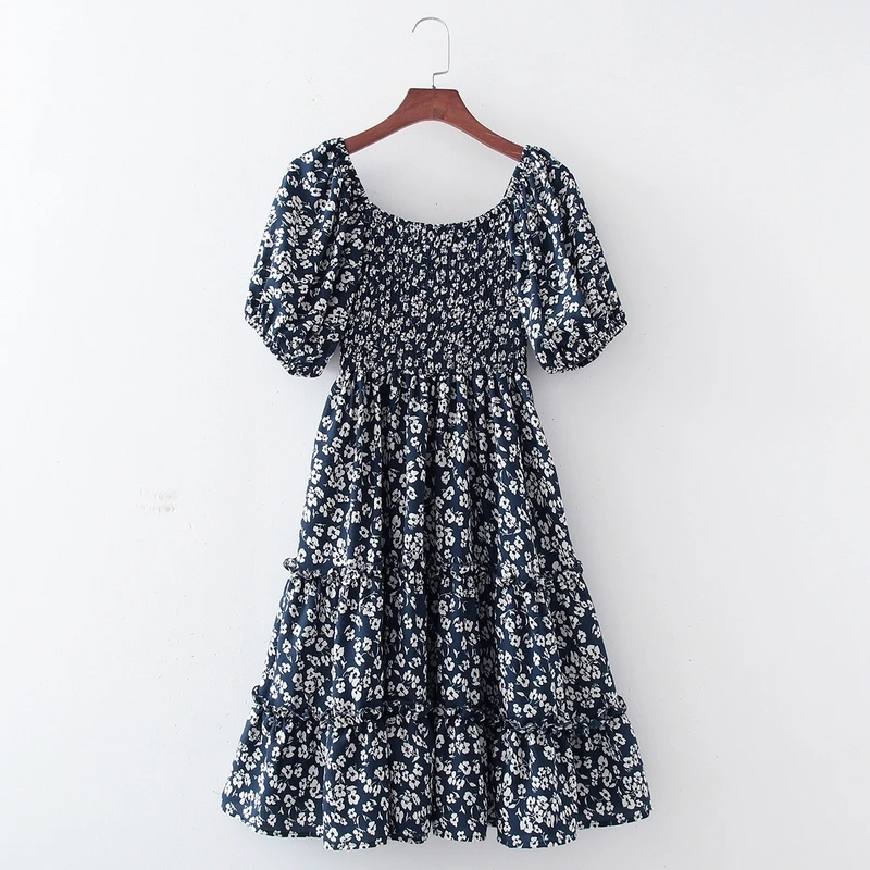 

Women's Dress Summer 2021 New Clothing Slash Neck Floral Prints Short Puff Sleeve Modern Lady Shirred Bust Sundress
