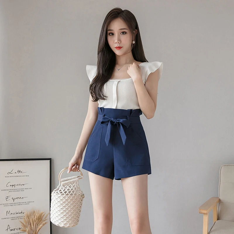 

Summer Women Chiffon Wide Leg Shorts Loose Plus Size S-2XL High Waist Bow Belt Shorts Student Casual Blue Sports Shorts H1452