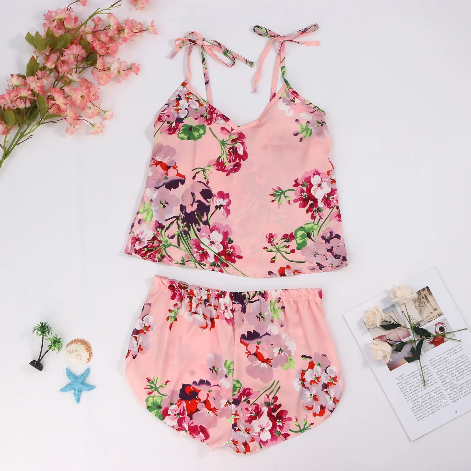 

Flower Print Pajamas Sleepwear Sets Silk Pajamas Sexy Satin Lingerie Shorts Set Women Underwear Sleepwear Summer Femme Nightwear