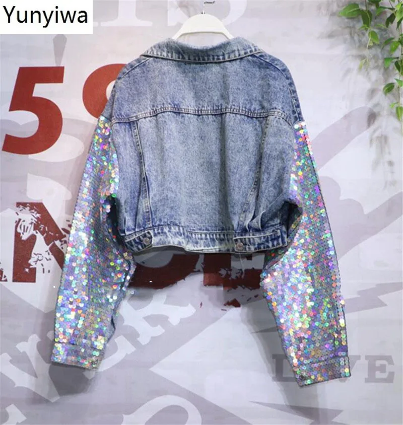 

Colorful Sequins Pockets Denim Outerwear Turn-down Collar BF Style Coats 2020 Spring Single Breasted Women Jackets 69764