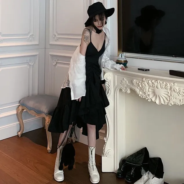 Сексуальное черное женское платье на шнуровке летнее праздничное бретельках с v