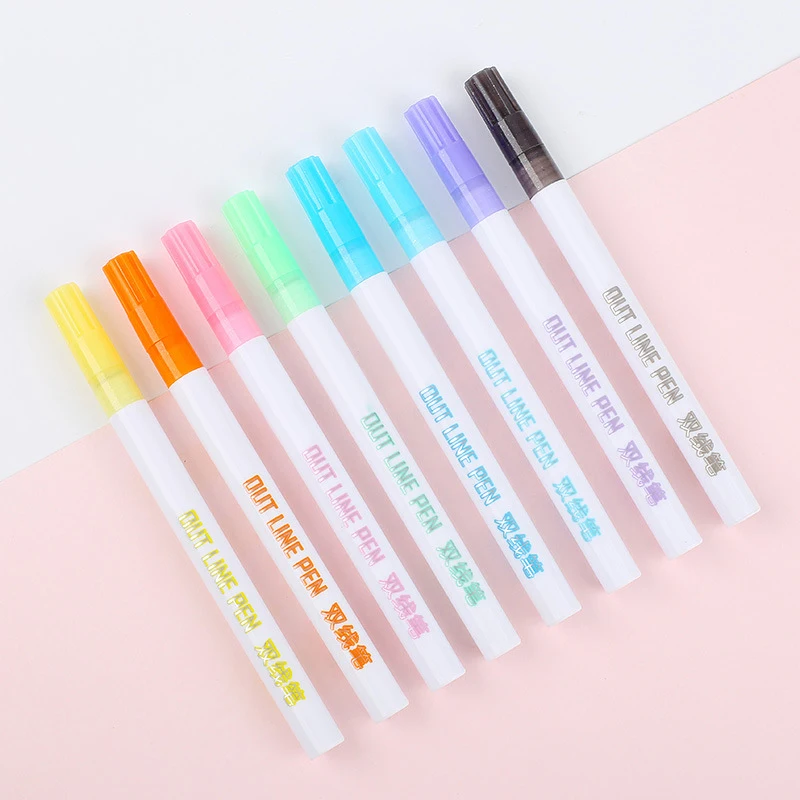 

8 Colors/Set Gift Card Writing Drawing Pens Double Line Outline Pen Stationery New GQ