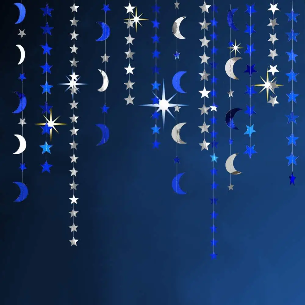 

4Pcs Royal Blue Silver Stars Moon Garlands Kit Twinkle Little Star Ramadan Banners Good Night Themed Baby Shower EID Party Decor