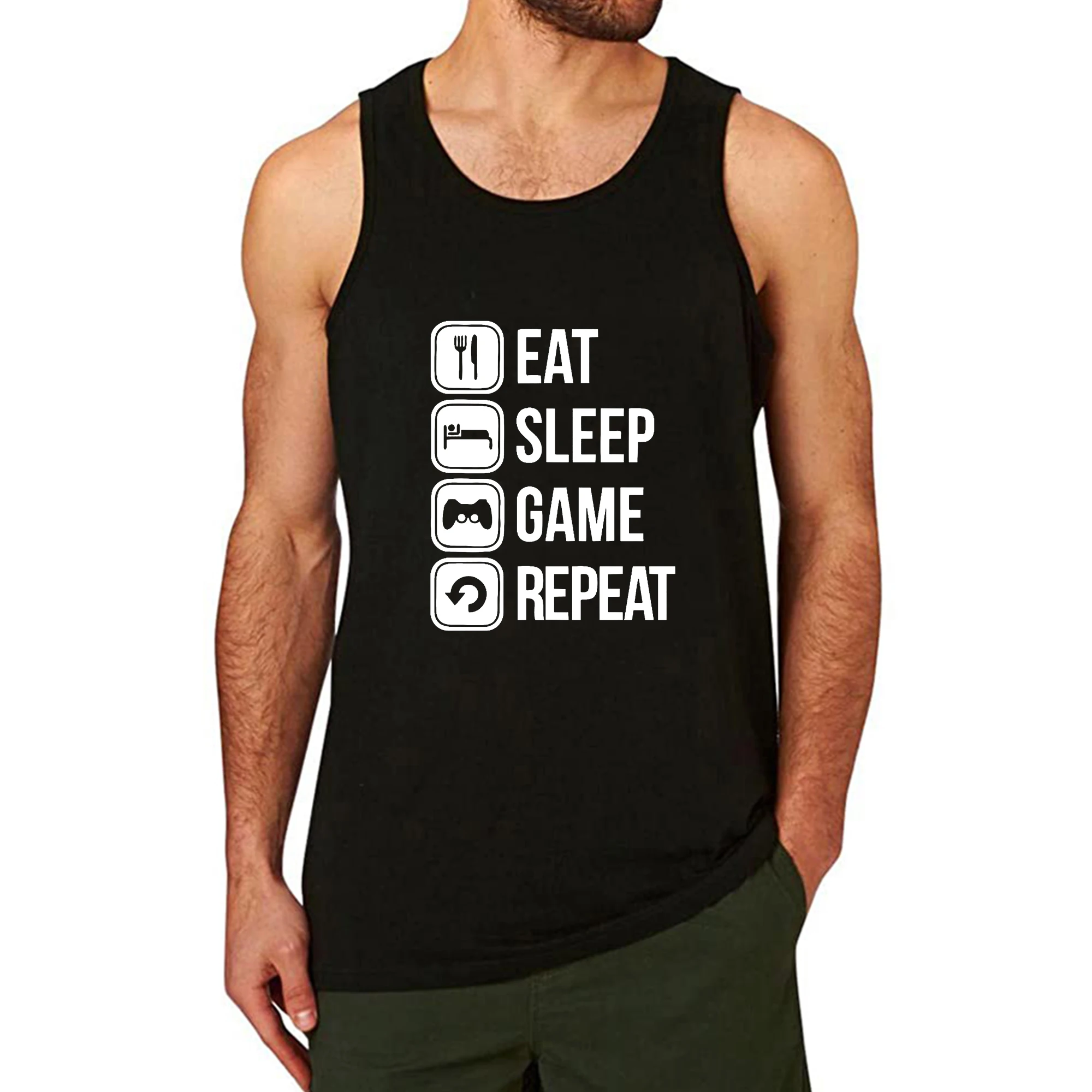 

Lyprerazy EAT SLEEP GAME REPEAT Workout Gym Funny Printed Men Tank Top