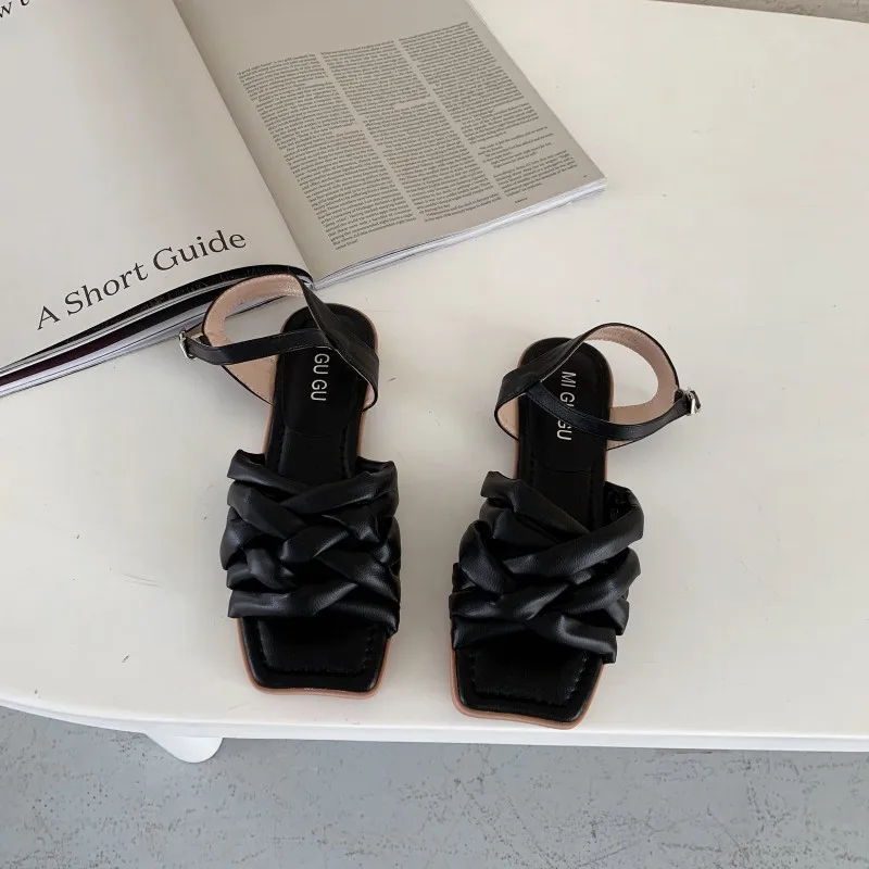 

Open Toe Roman Sandals Buckle Black Shoes for Women 2021 Summer Peep Gladiator Beige Flat Low Comfort Fashion Square New Strap