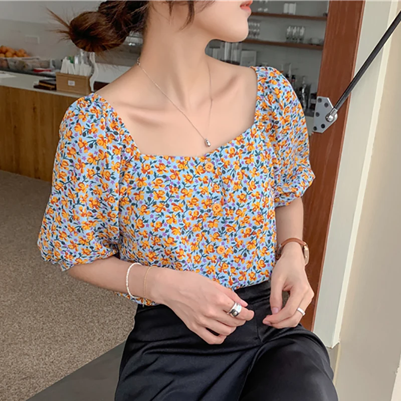 

Baldauren Vintage Floral Print Blouse Women Puff Sleeve Square Collar Tops Short Sleeve Clothes 2021 Summer Korean sexy Shirts