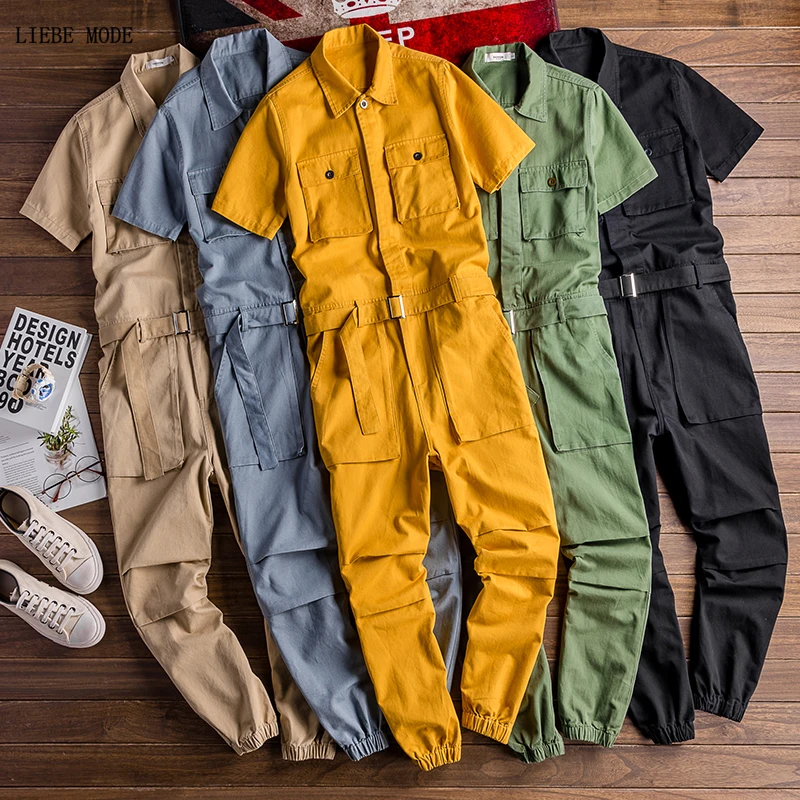 Japan Style Men Casual Short Sleeve Stylish Jumpsuits Pockets Long Trouser Cargo Pants Male Rompers Slim Shirts Overalls Belt