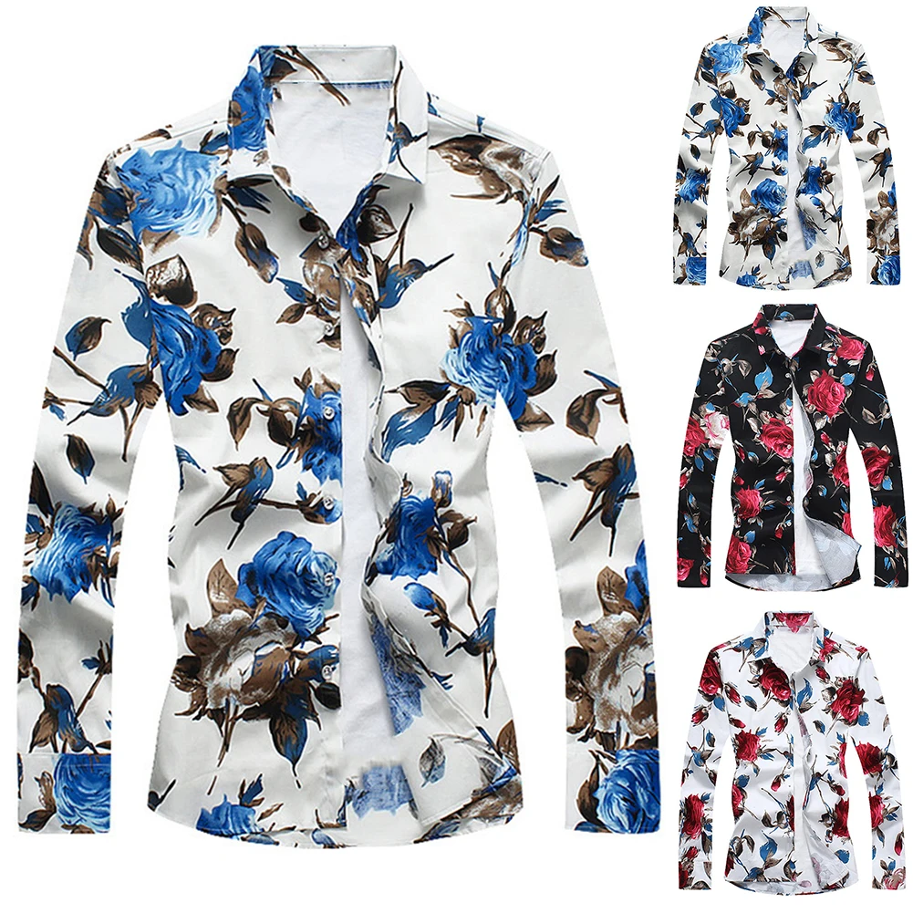 

Plus Size Men Shirt Flower Print Slim Fits Shirt Turn Down Collar Long Sleeve Top Men Male Plaid shirt