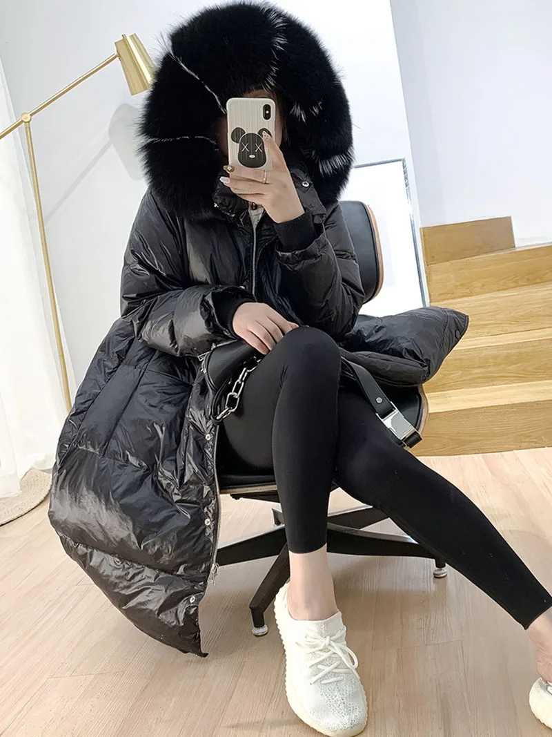 Женский пуховик с капюшоном длинная свободная теплая парка на белом утином пуху