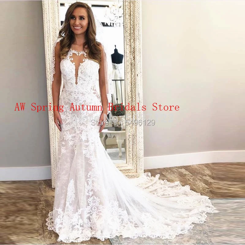 

Unique Flower Lace Mermaid Wedding Dresses Sheer Neckline Ivory Applique Sleeveless Open V Back Bridal Gowns vestido de noiva