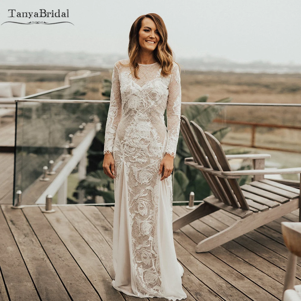 

Rose Lace Embroidery Wedding Dresses Mermaid Long Sleeve Chapampagne Lining Bridal Gowns Floor Length Noivas DW410