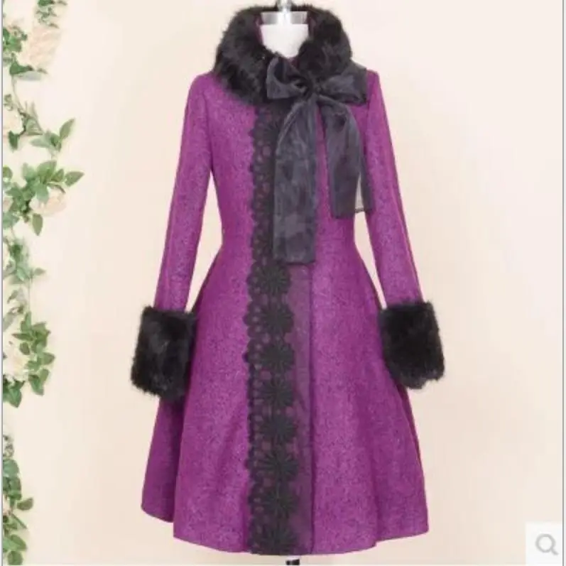 purple Зимний винтажный меховой воротник шерстяной пиджак женский тонкий лоскутный с вышивкой бант шерсть пальто - Цвет: purple