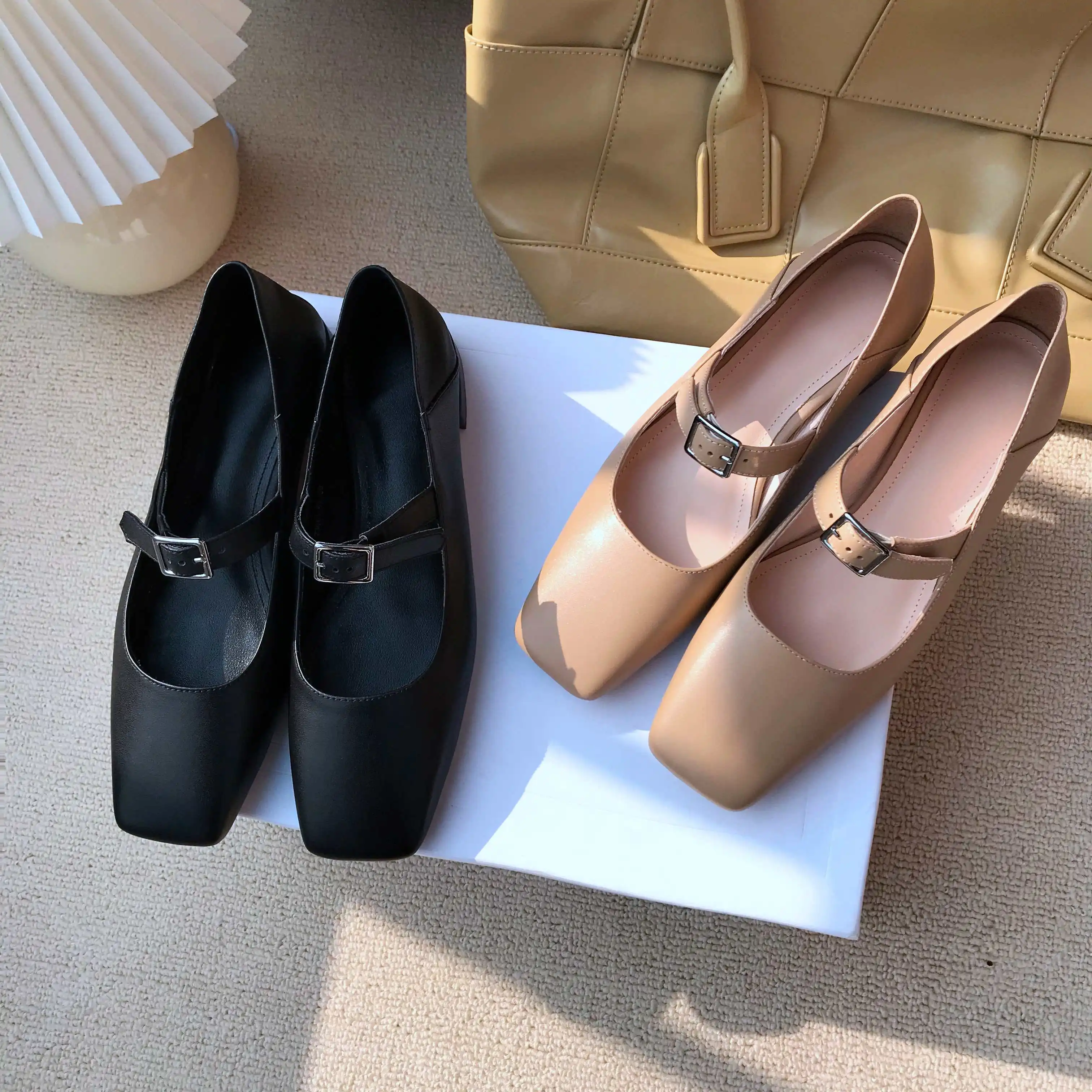 

Vichelo Hot simple style full grain leather dating square toe thick med heel buckle straps daily wear convenient women pumps L88