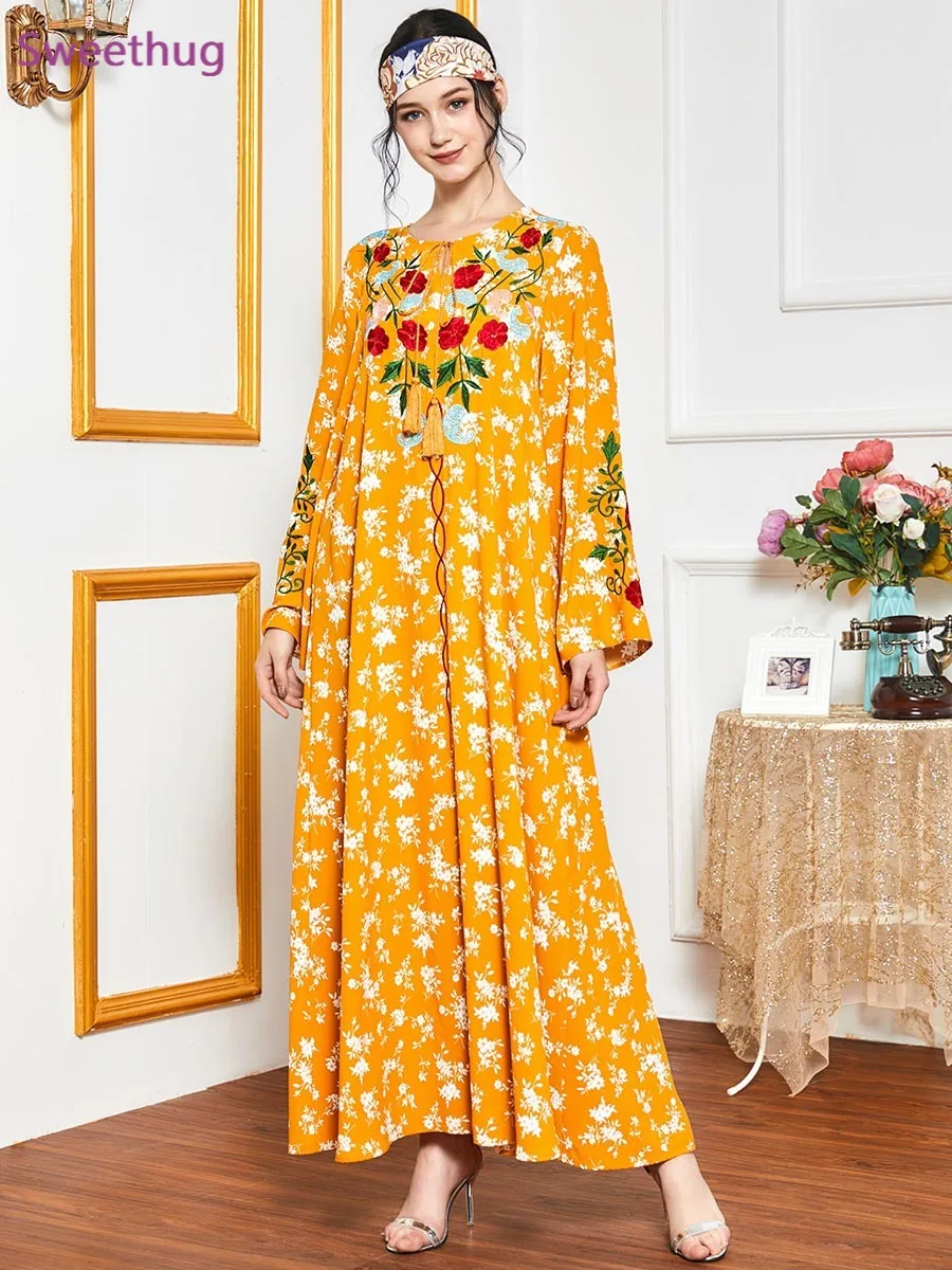 2021 весна осень размера плюс Макси платье для женщин желтое платье с цветочным рисунком с вышивкой в этническом стиле, с бахромой, с круглым в...