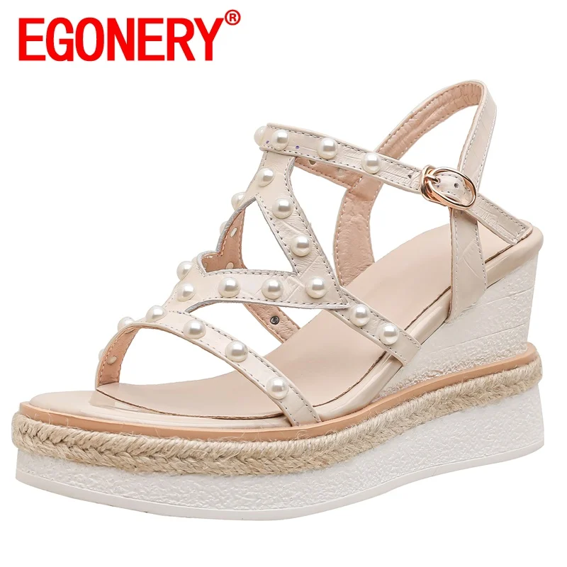 

EGONERY Women summer New Style Slope Heel Sandals Round Toe Solid color String beads decoration Concise Comfortable office lady