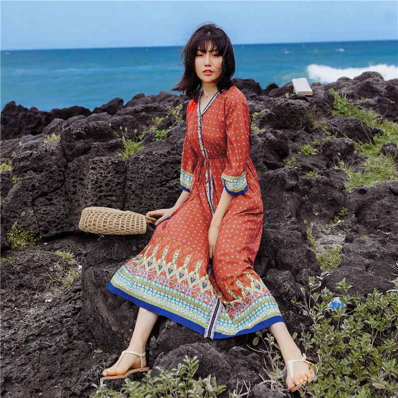 

High Quality Women's Summer Dress Red Print Bohemian Style Chiffon Dress Seaside Holiday Elegant High Quality Ethnic Style Dress