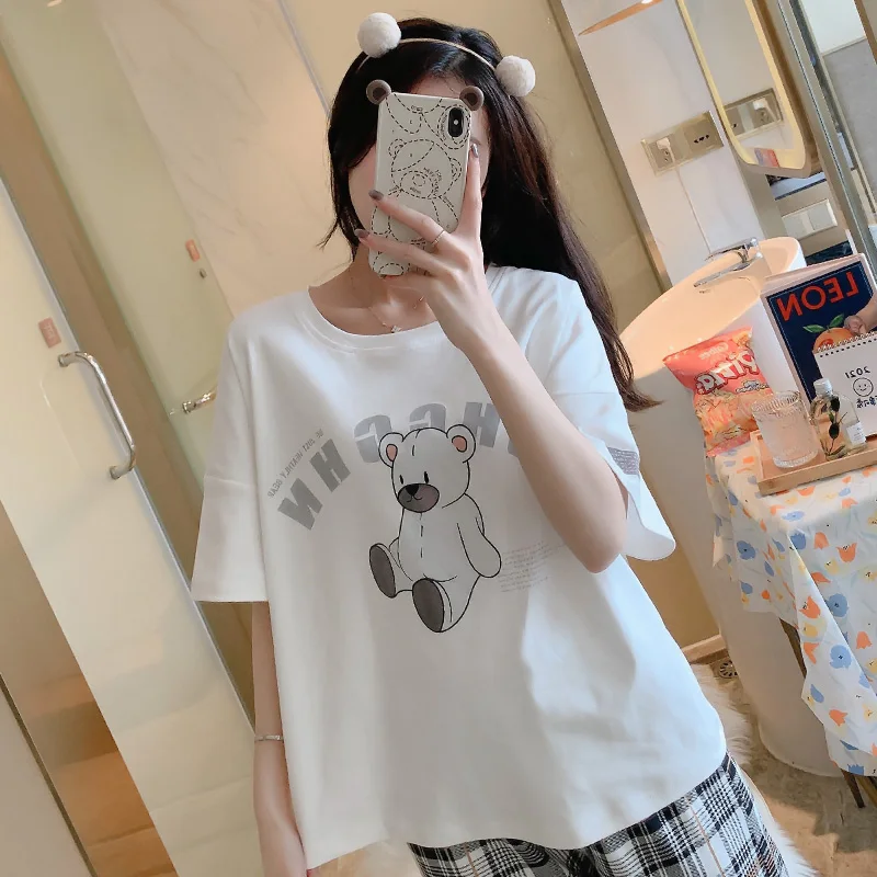 CAIYIER Summer Pajamas Suit Women Short Sleeves Cute Bear Print Sleepwear Casual Checked Trousers Korea Sweet Pyjamas Homewear